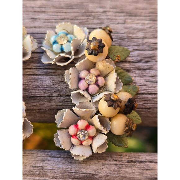 Vintage Clip On Hand Painted Enamel Petal Floral Beaded Cluster Climber Earrings - Picture 4 of 10